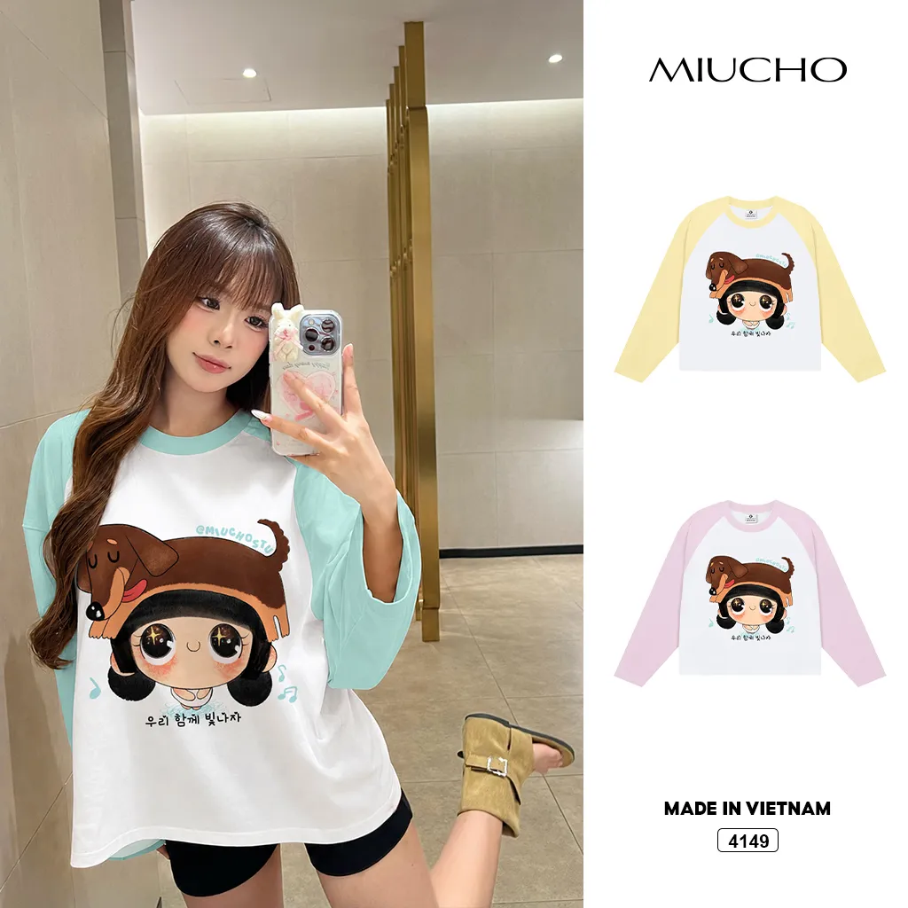 Áo thun tay dài nữ form boxy phối tay bé đội mũ cún phong cách Hàn Quốc Miucho 4149