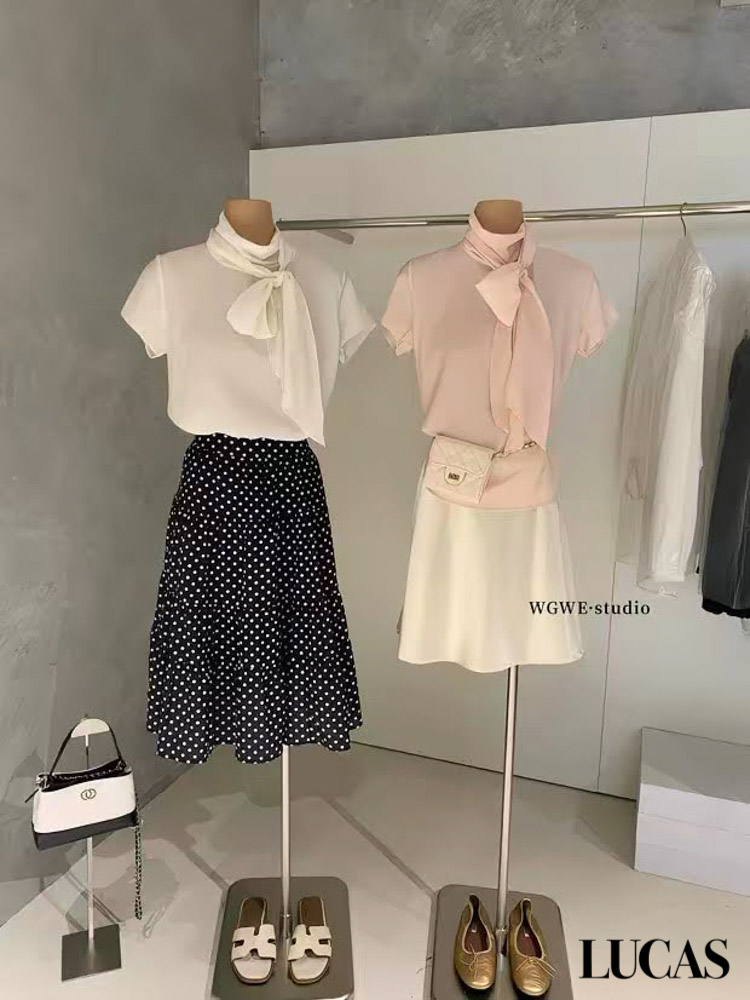 Áo sơ mi cộc tay cổ buộc nơ cutout tay chớm WGWE