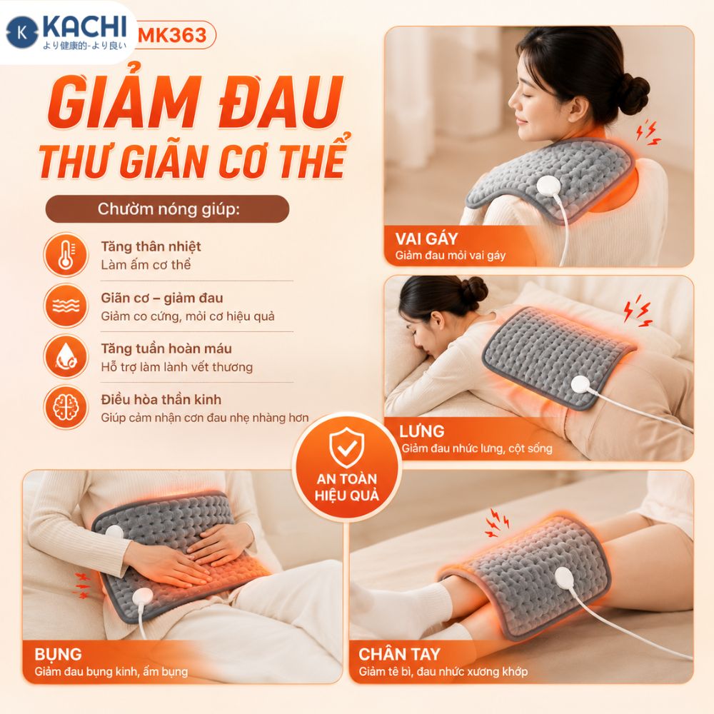 Thảm Chườm Nóng Kachi MK363 giảm đau nhức, đệm sưởi ấm, chăn điện