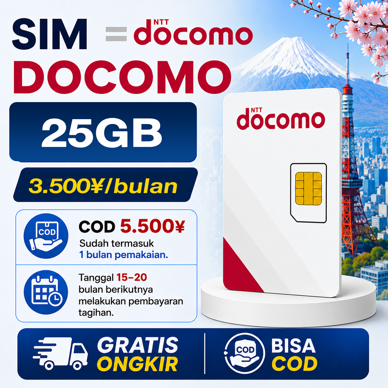 SIM DOCOMO 25GB – ¥3.500/BULAN