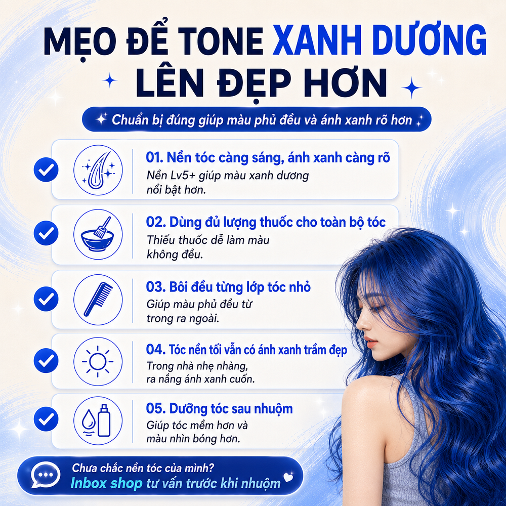 Thuốc Nhuộm Tóc Xanh Dương Denim Blue Tự Nhuộm Tại Nhà, Lên Xanh Dương / Xanh Đen Ánh Xanh, Kèm Oxi Và HDSD Tiếng Việt_thumbnail_8