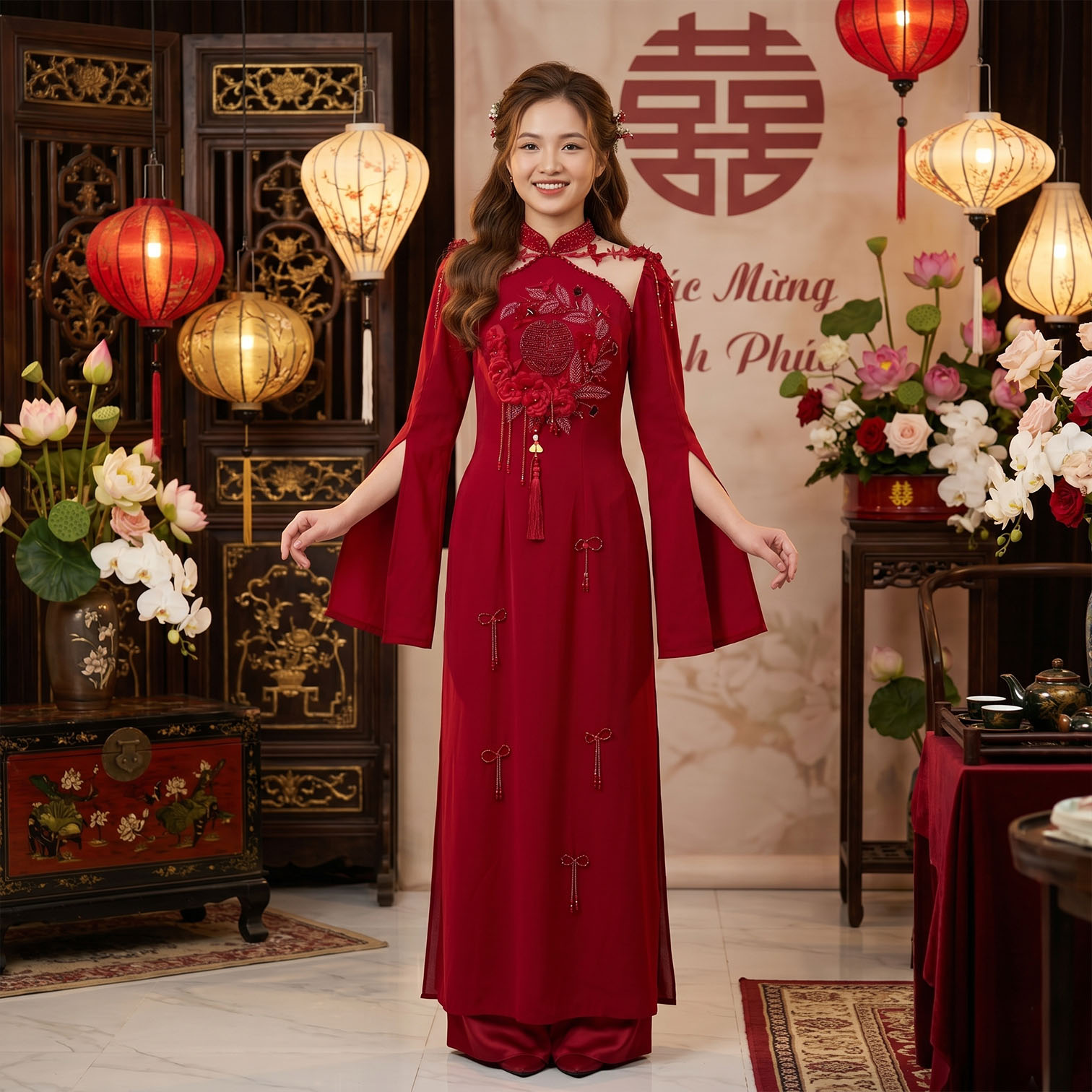 Áo Dài Cặp Cô Dâu Chú Rể Cưới Hỏi - Màu Đỏ Sang Trọng CH26-02_thumbnail_2