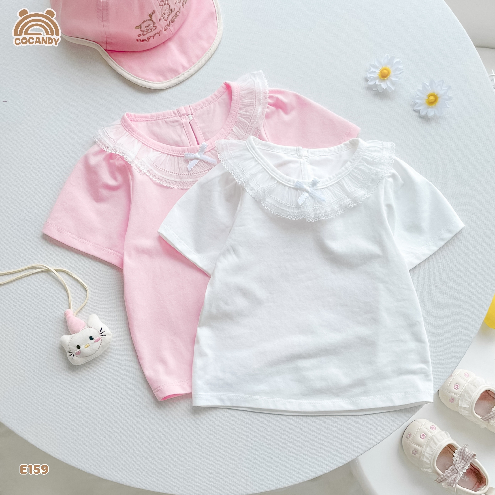 Áo cộc cotton TRẮNG nhún bèo cổ phối nơ_thumbnail_4