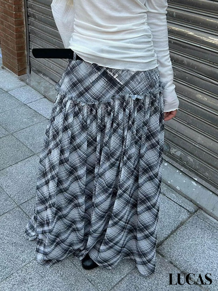 Chân váy xòe hạ eo caro voan + belt da đen_thumbnail_2