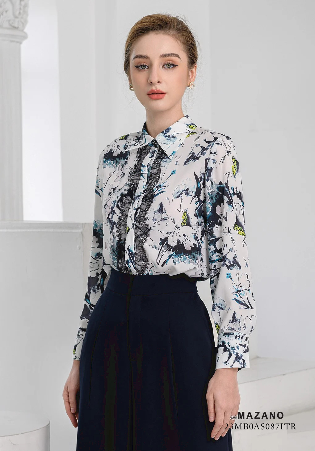 Áo sơ mi Suông Vải chiffon dày Họa tiết in hoa phối ren Cổ sơ mi Tay dài Dài dưới eo_thumbnail_3