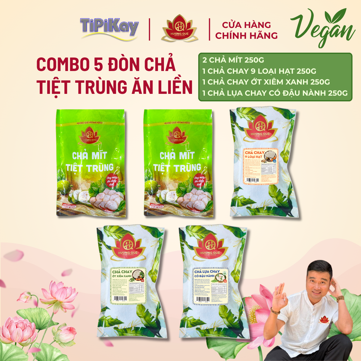 [Combo 5 món] 2 Chả Mít 250g + 1 Chả Ớt Xiêm Xanh 250g + 1 Chả Có Đậu Nành 250g + 1 Chả 9 Loại Hạt 250g CBTP-CMOXXCD9LH