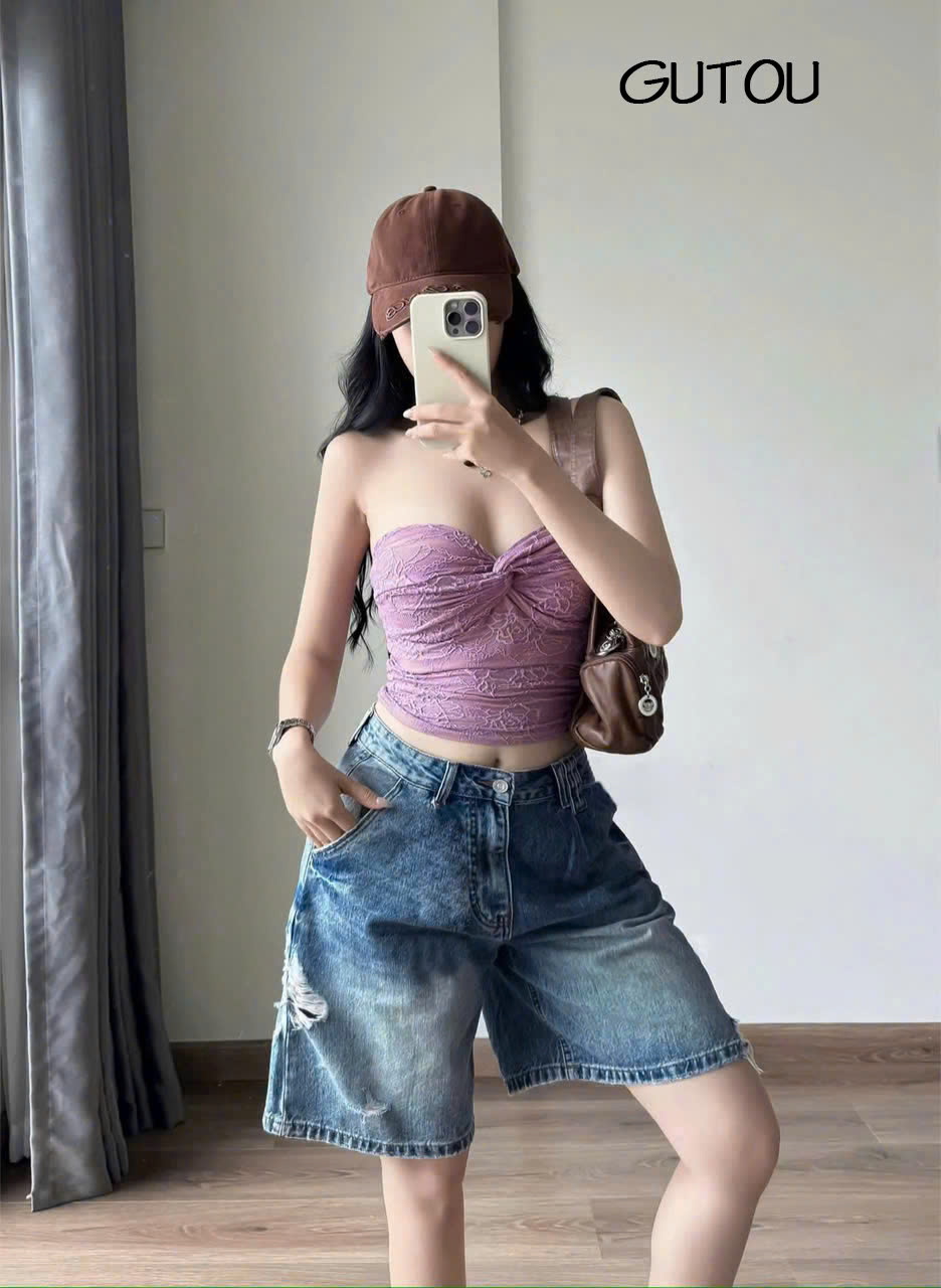 [ GUTOU ] Quần Short Jean Wash Rách Austin Denim
