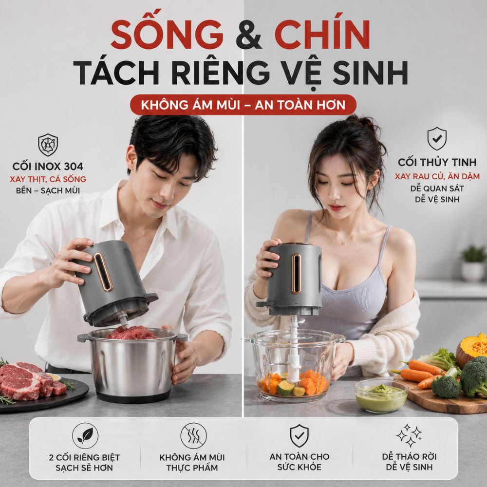 Máy xay thịt cối thủy tinh 2L tặng kèm cối inox Mishio MK444