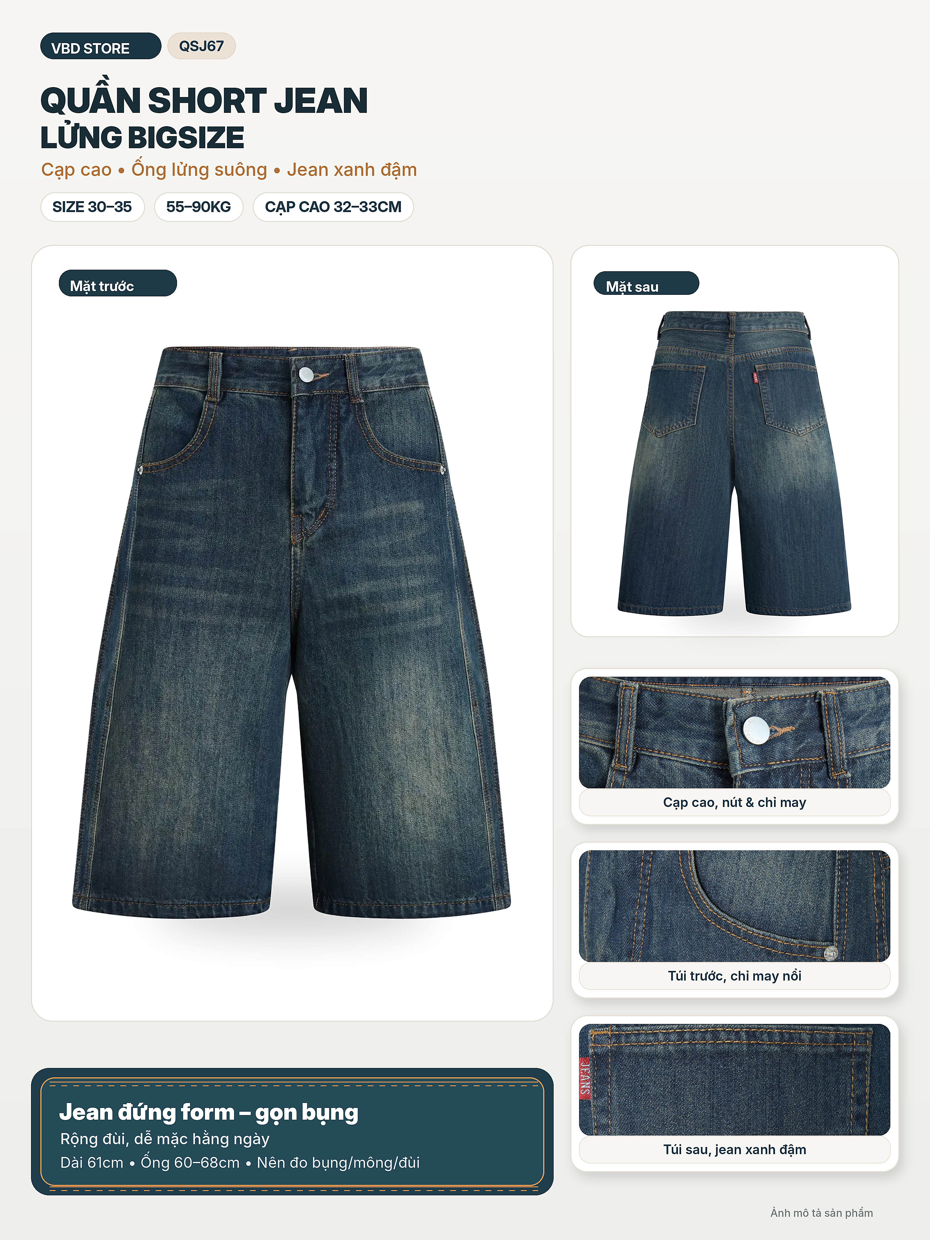 Ảnh tổng quan quần short jean lửng bigsize QSJ67 cạp cao ống suông xanh đậm