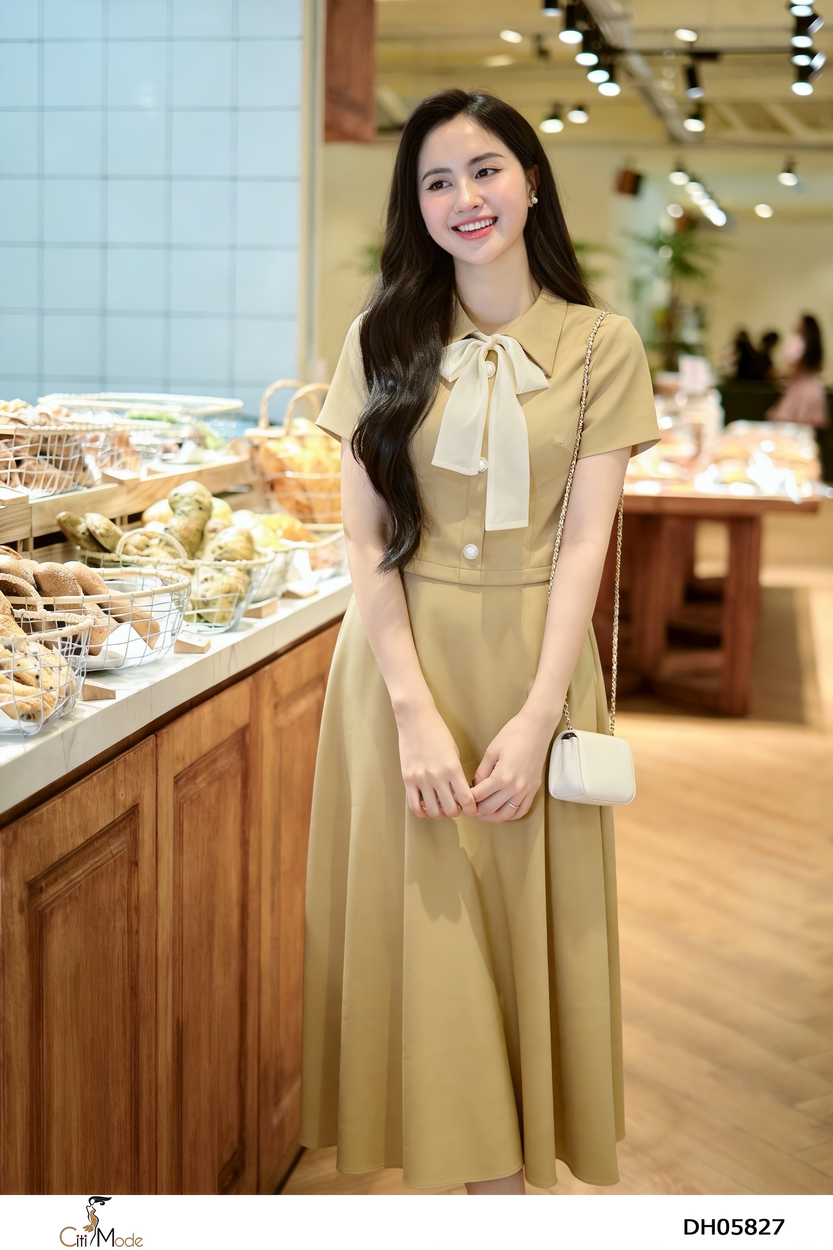 Đầm xòe nâu giả sét cổ nơ cách điệu tay cộc