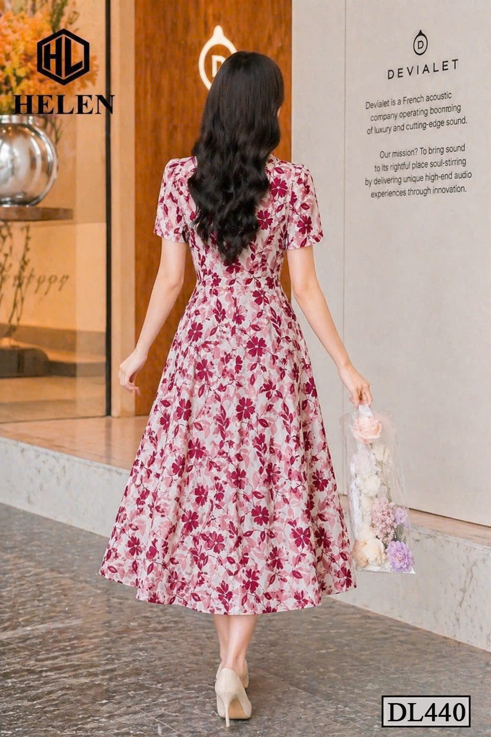 Đầm xòe hoa đỏ cổ nơ lệch tay ngắn DL440_thumbnail_2