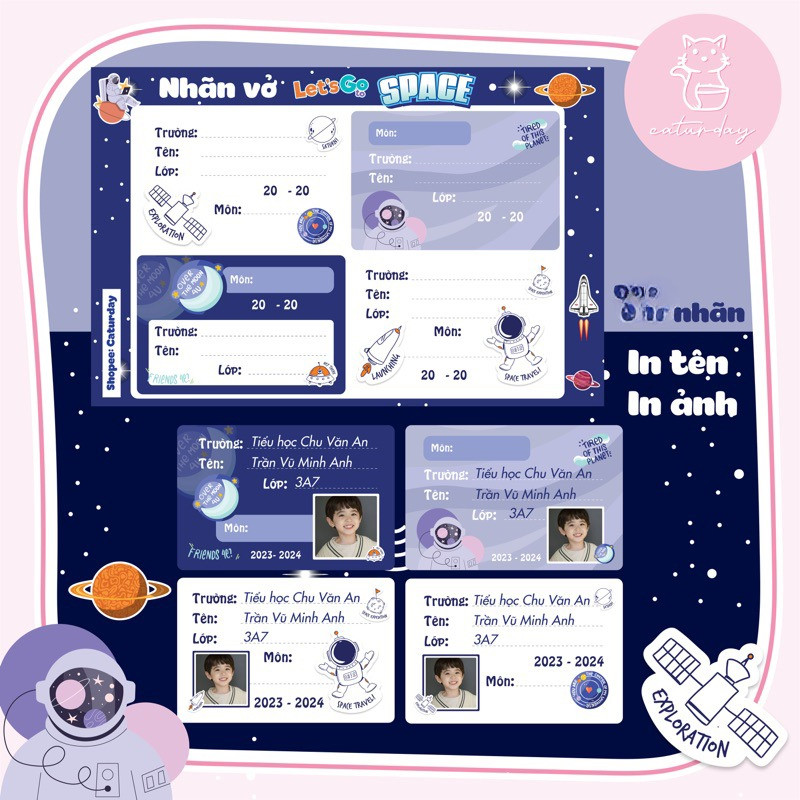 Set 24 nhãn vở KHÁM PHÁ VŨ TRỤ- Let's go to space siêu cool hot trend, in ảnh, in tên theo yêu cầu