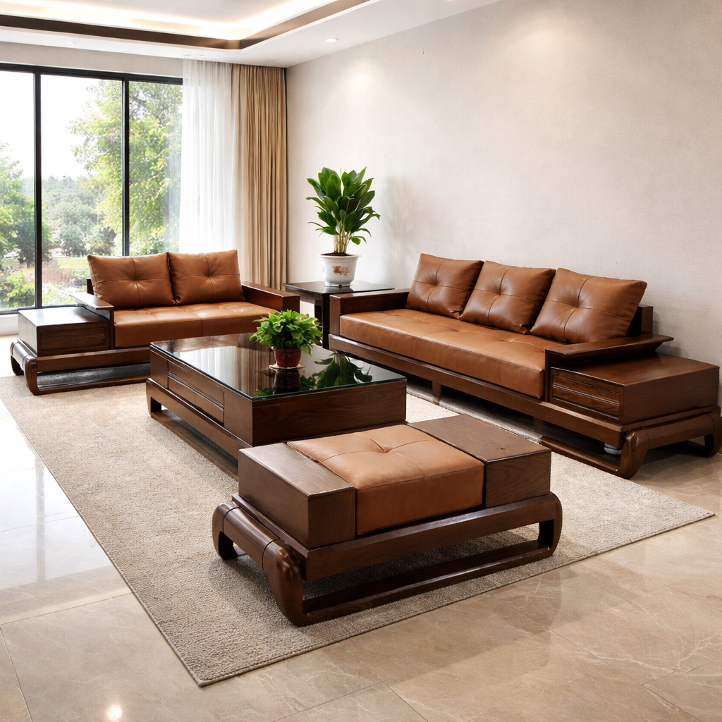 Sofa 2 văng chân gà màu nâu trầm