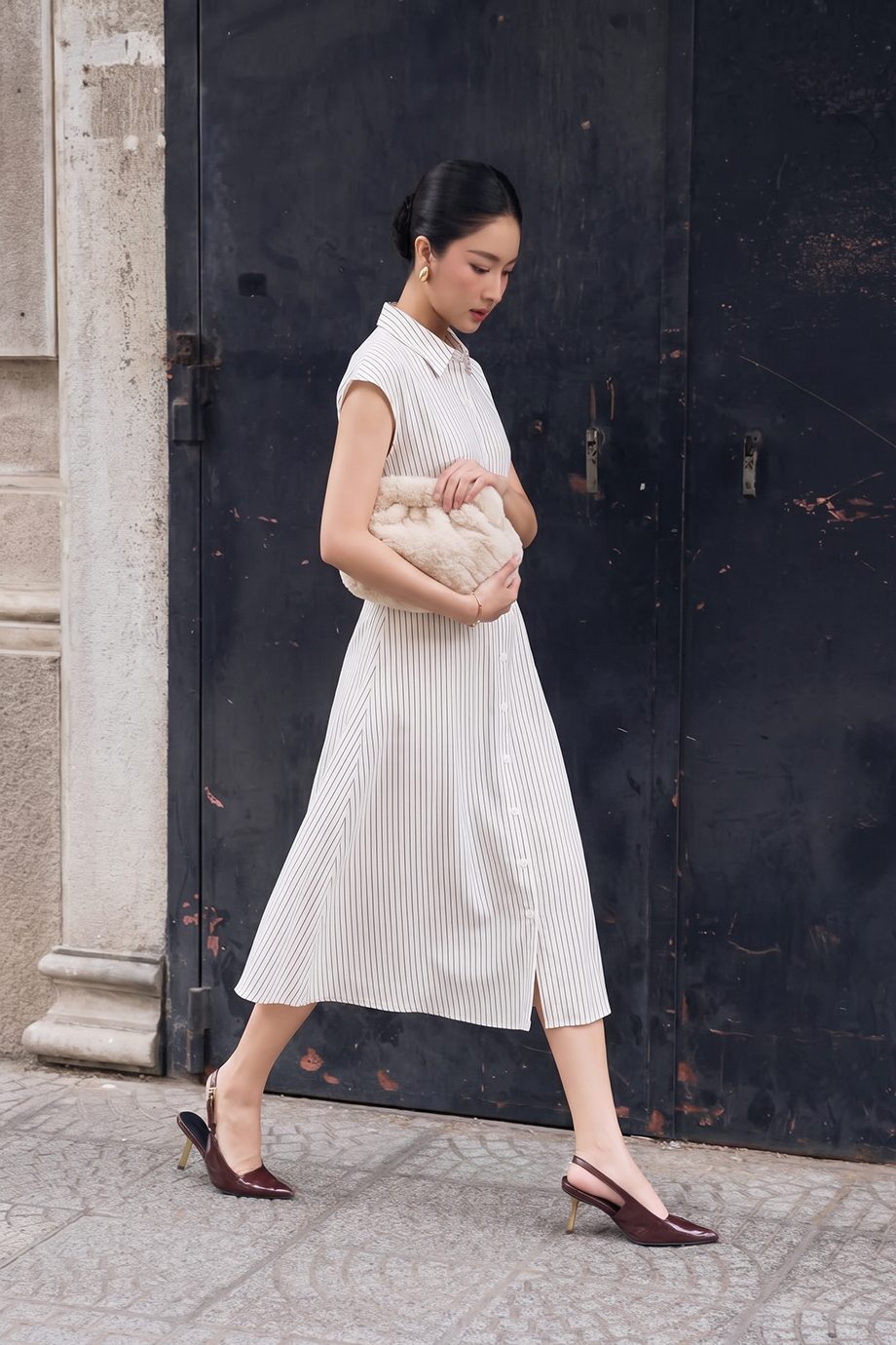 Đầm sơ mi linen 26204 kẻ trắng