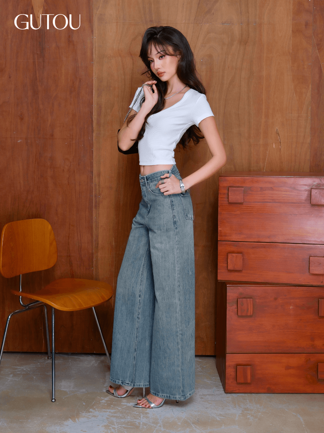 [ GUTOU ] Quần Jean Suông Basic Wash Gãy_thumbnail_1