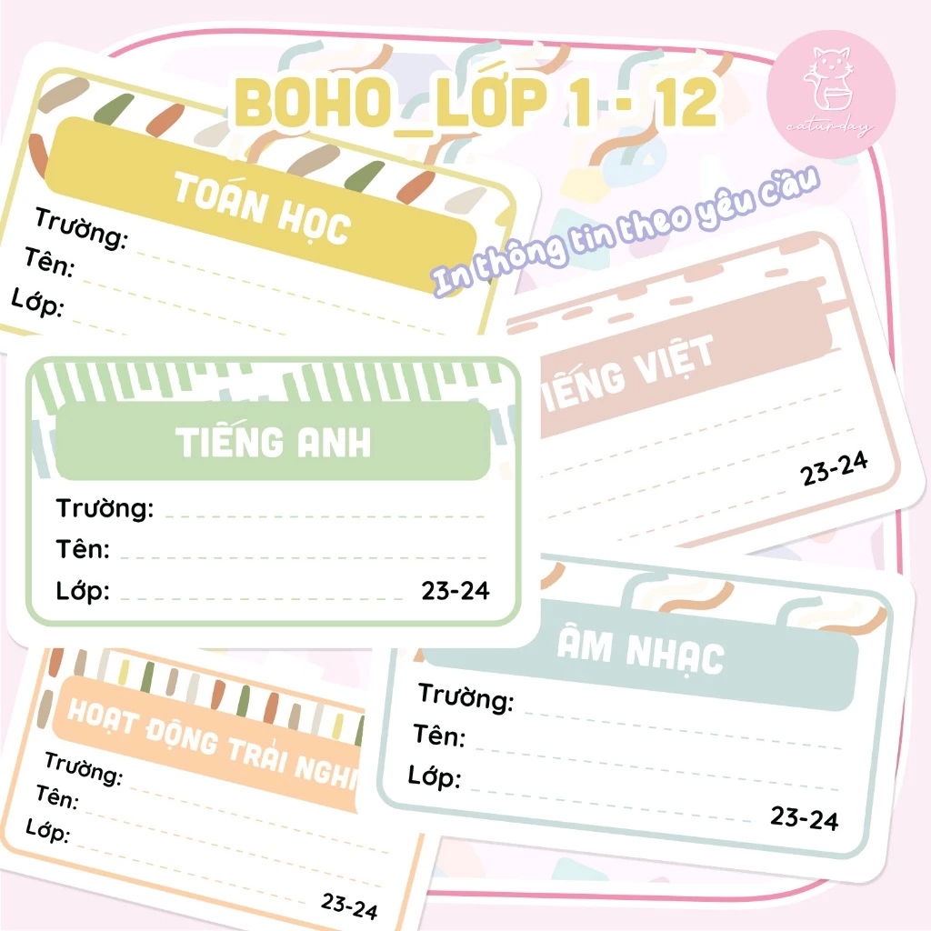 Set nhãn vở MÔN HỌC BOHO