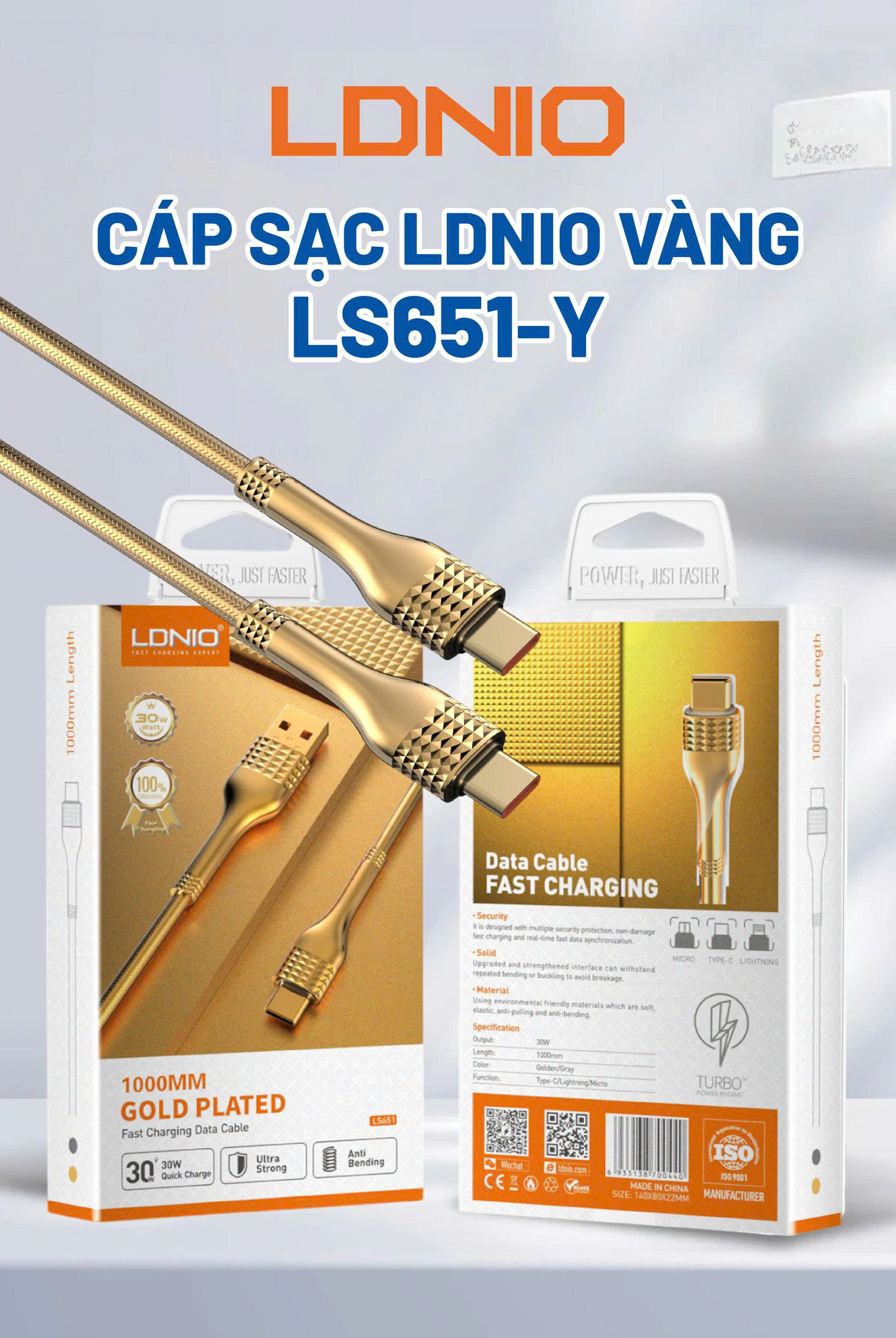 Cáp Sạc Lightning Ldnio Vàng - LS651-I-Y