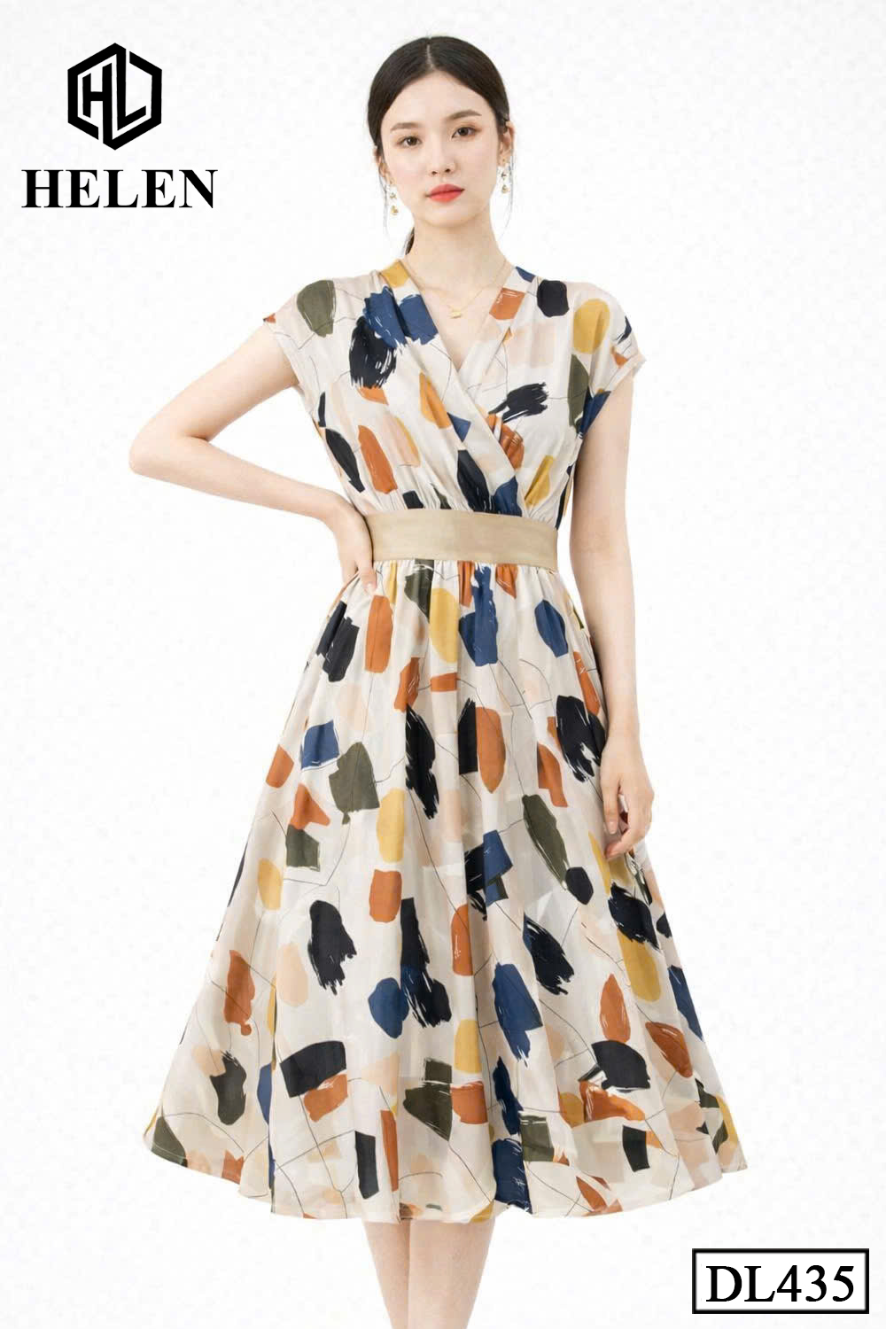 Đầm xòe họa tiết vẽ phối đai nâu DL435