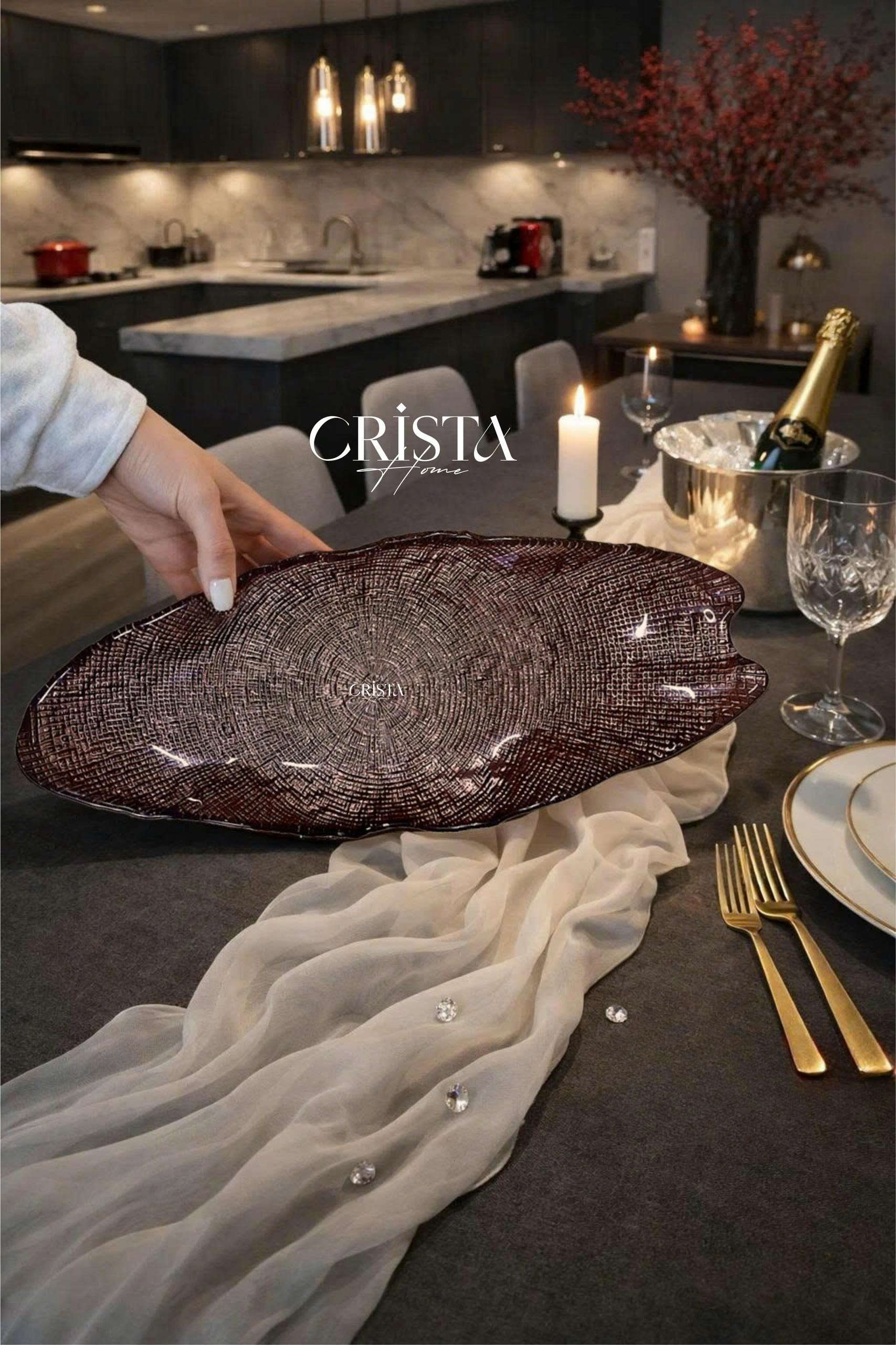 Đĩa bầu dục thủy tinh CRISTA HOME Vân lưới 43 cm, 60226