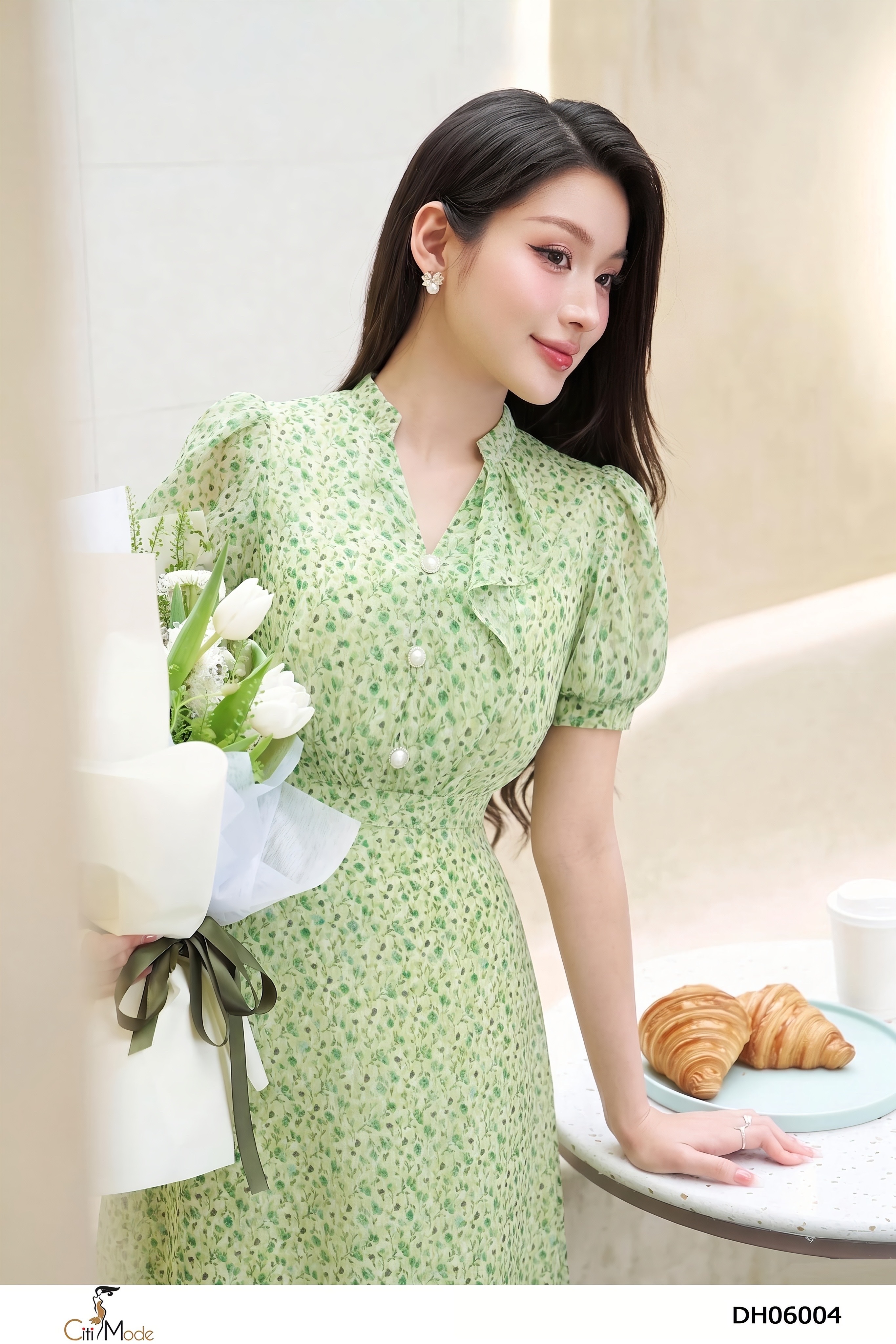 Đầm xòe hoa xanh cổ V tàu bèo tay ngắn_thumbnail_8