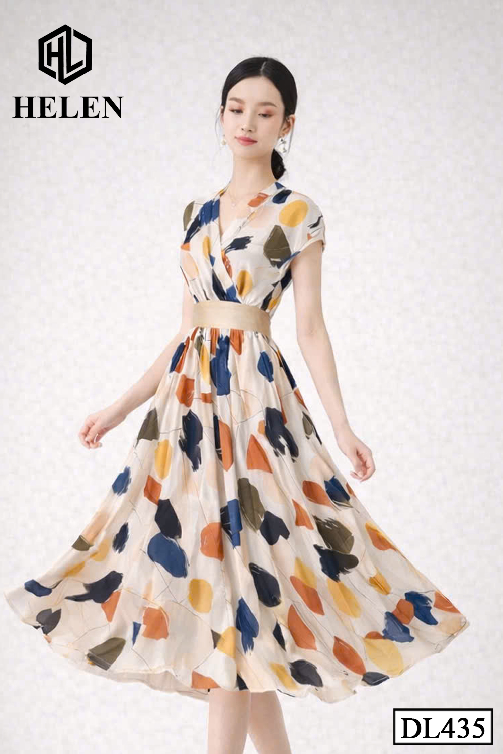 Đầm xòe họa tiết vẽ phối đai nâu DL435_thumbnail_2