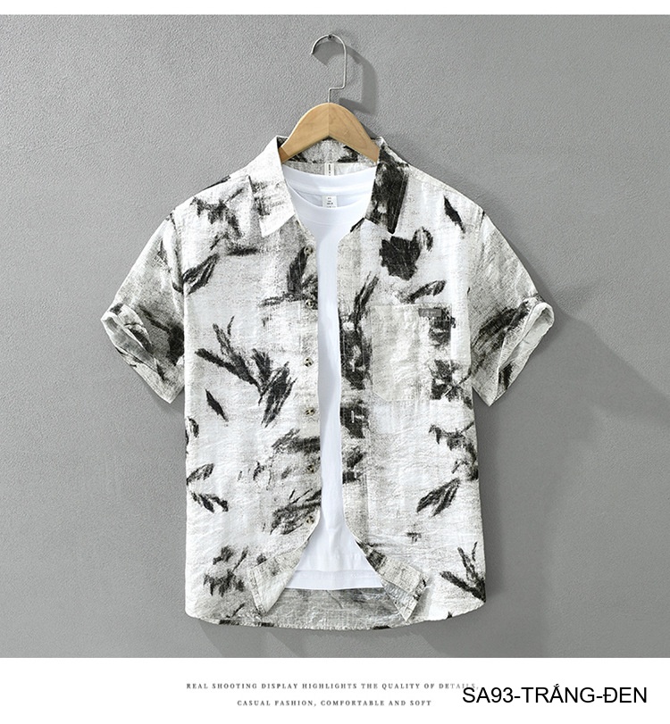 SA93 - Áo sơ mi nam ngắn tay họa tiết retro Nhật Bản, dáng rộng thoải mái, phong cách văn học, chất liệu lyocell mềm mát_thumbnail_9