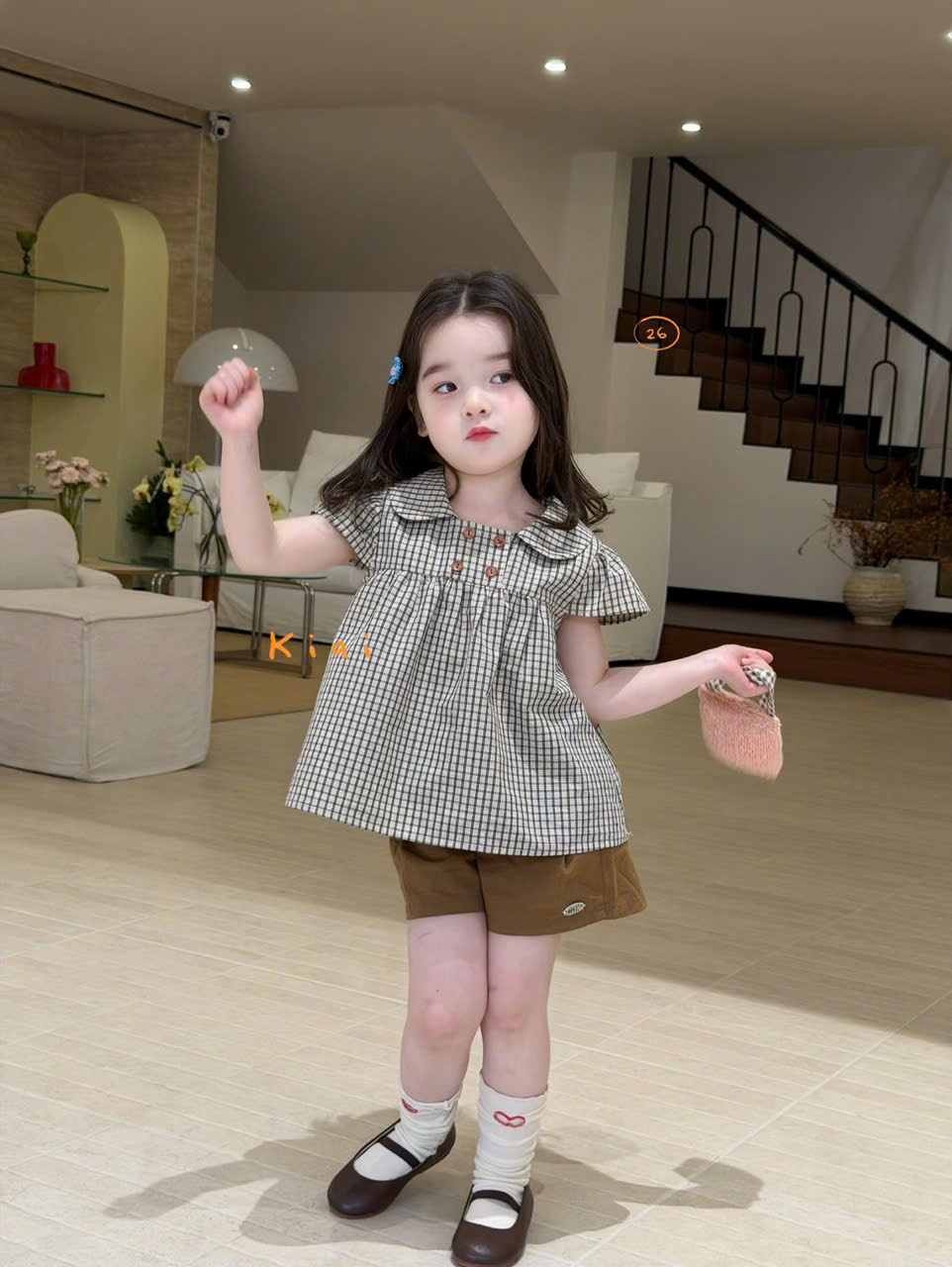 KA06 - Áo thô caro cổ sen tay bồng hãng Kiai