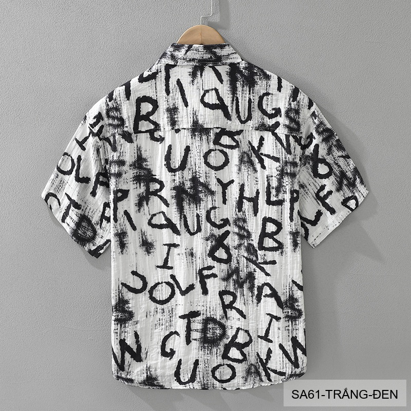 SA61 - Áo sơ mi nam tay ngắn in chữ nghệ thuật, form rộng, chất viscose mát mẻ, phối màu trắng đen_thumbnail_4