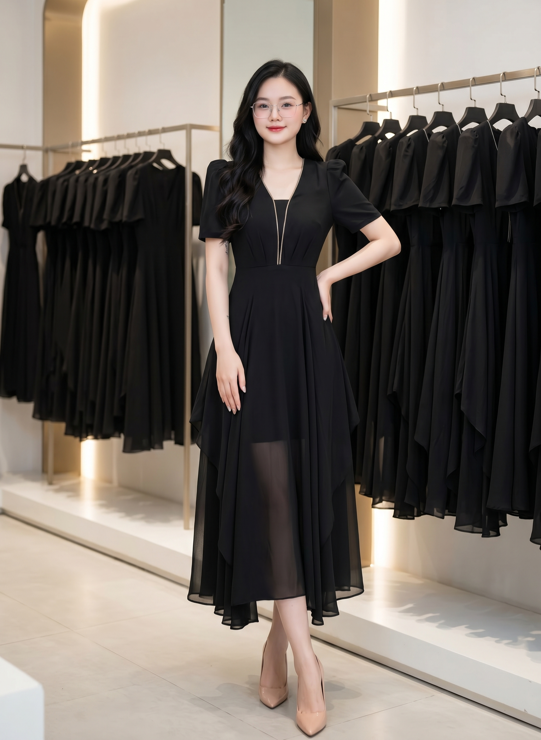 Đầm xòe thiết kế tay con cổ V phối đá_thumbnail_4