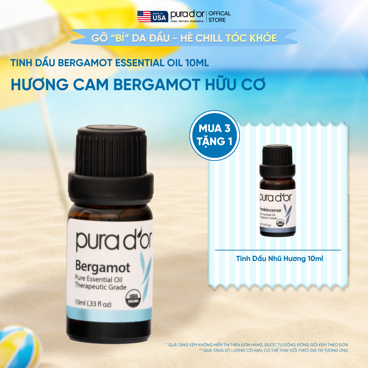 Tinh Dầu Cam Bergamot Hữu Cơ Pura D'or Therapeutic Grade Bergamot Essential Oil 10ml