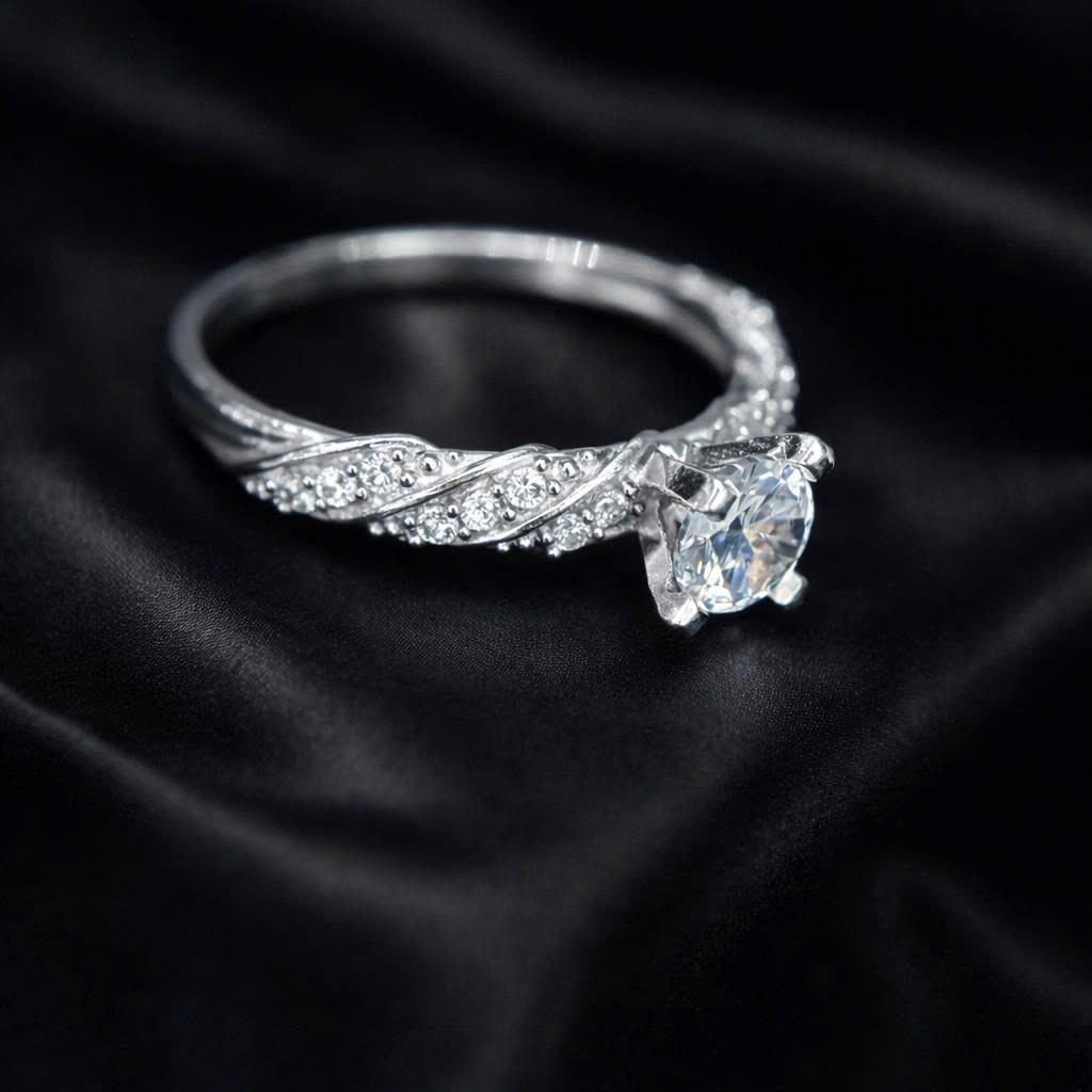 nhẫn bạc kim cương trắng dải xoắn chéo size 6