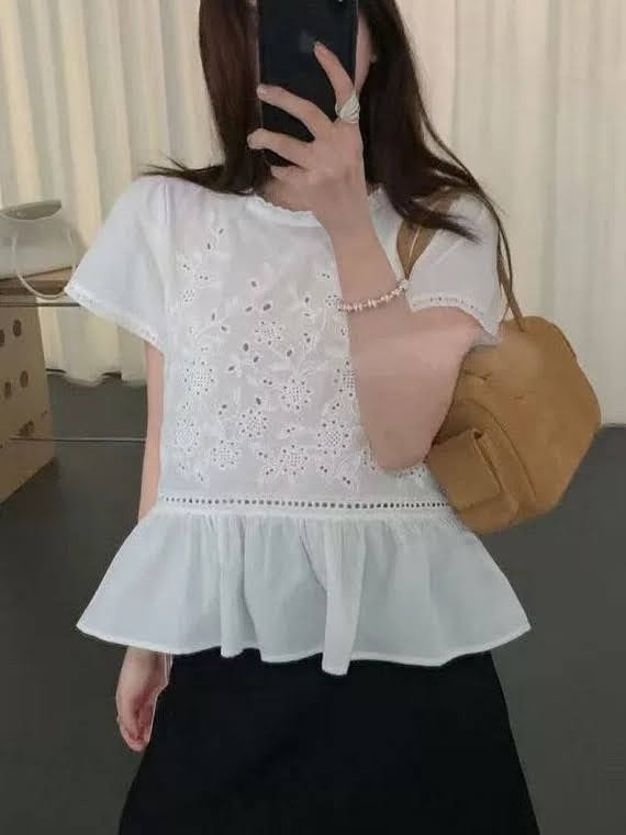 Áo sơ mi thô thêu dáng chui cổ tròn cộc tay viền ren phối ren ngực, nối gấu xòe_thumbnail_5