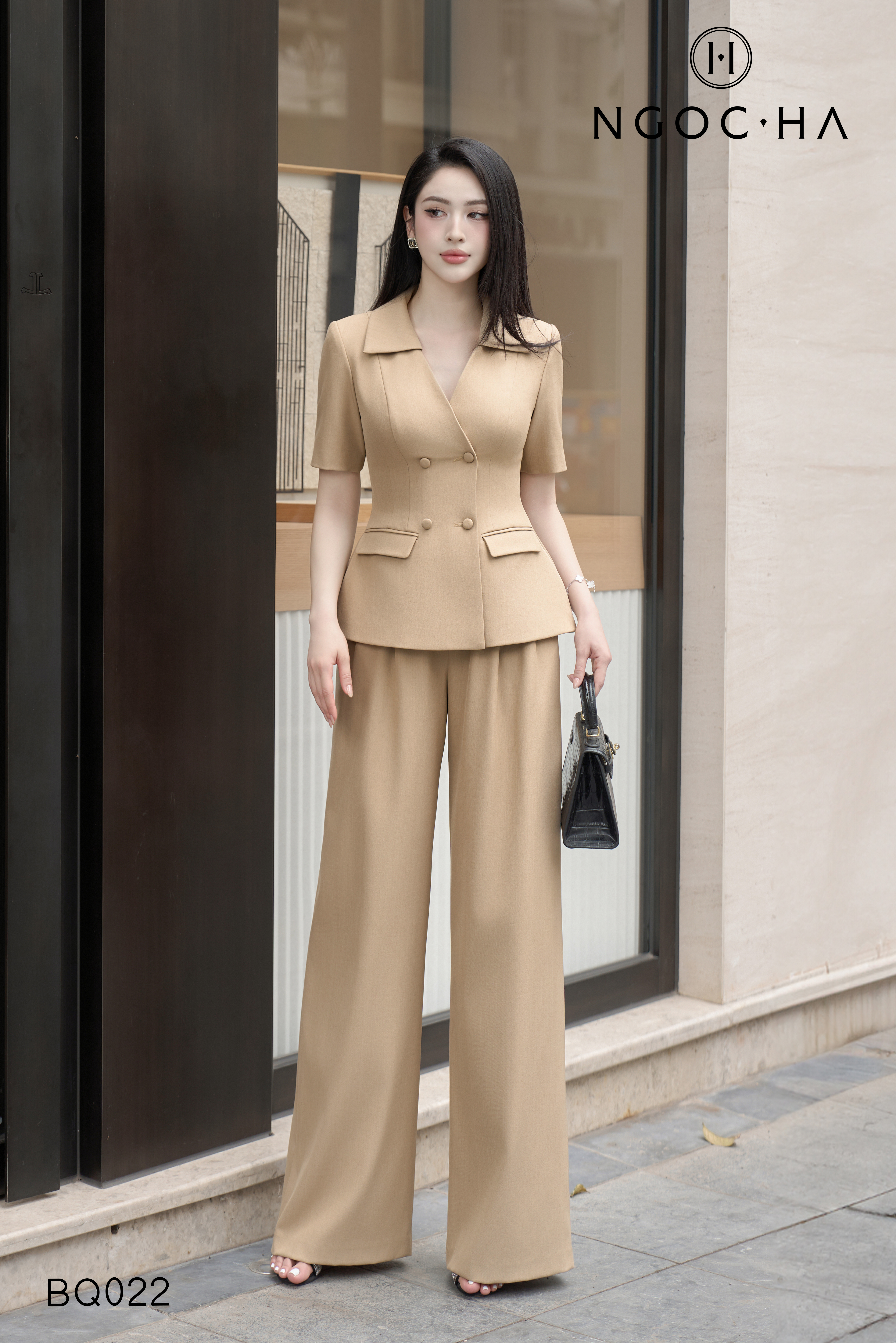 Maika Set _  Set Vest Chiết Eo Cổ V  Quần Suông Màu Bee Ngắn Tay BQ022