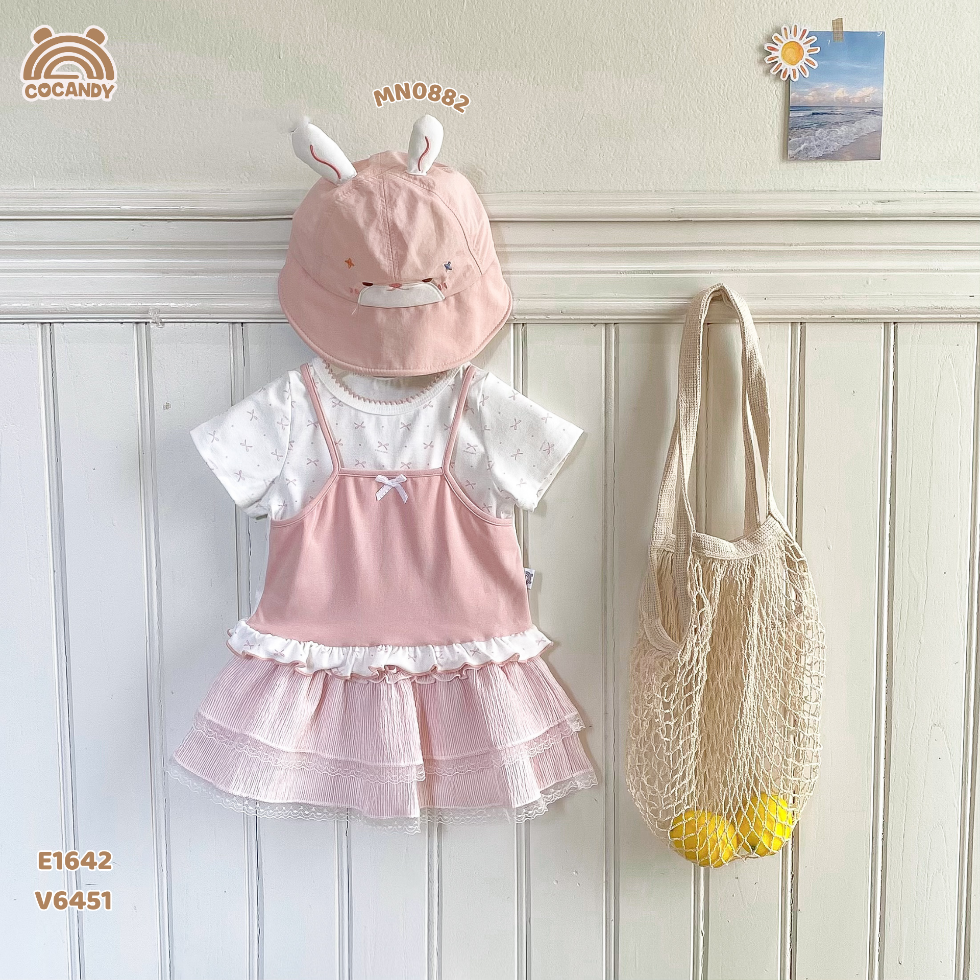 Áo cộc thun HỒNG phối nơ giả yếm