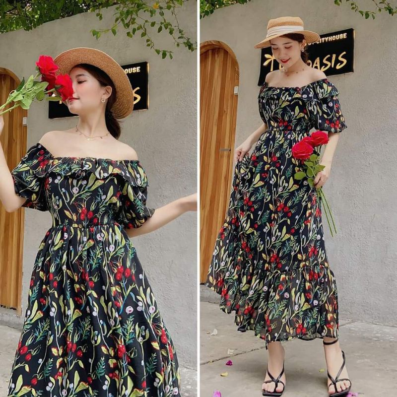 Maxi Dress Puffy Sleeves