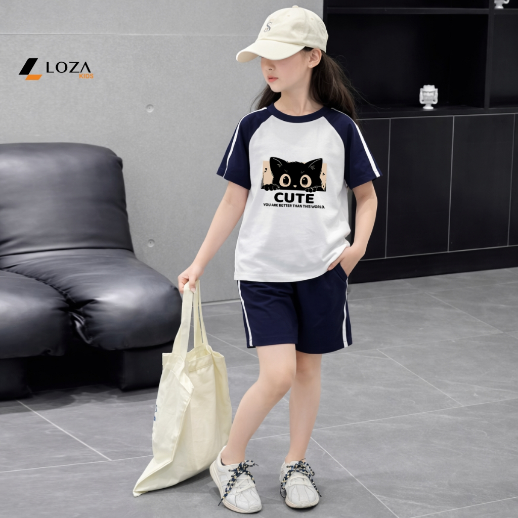 Set bộ phối viền bé gái hình Mèo cute - Loza BF653