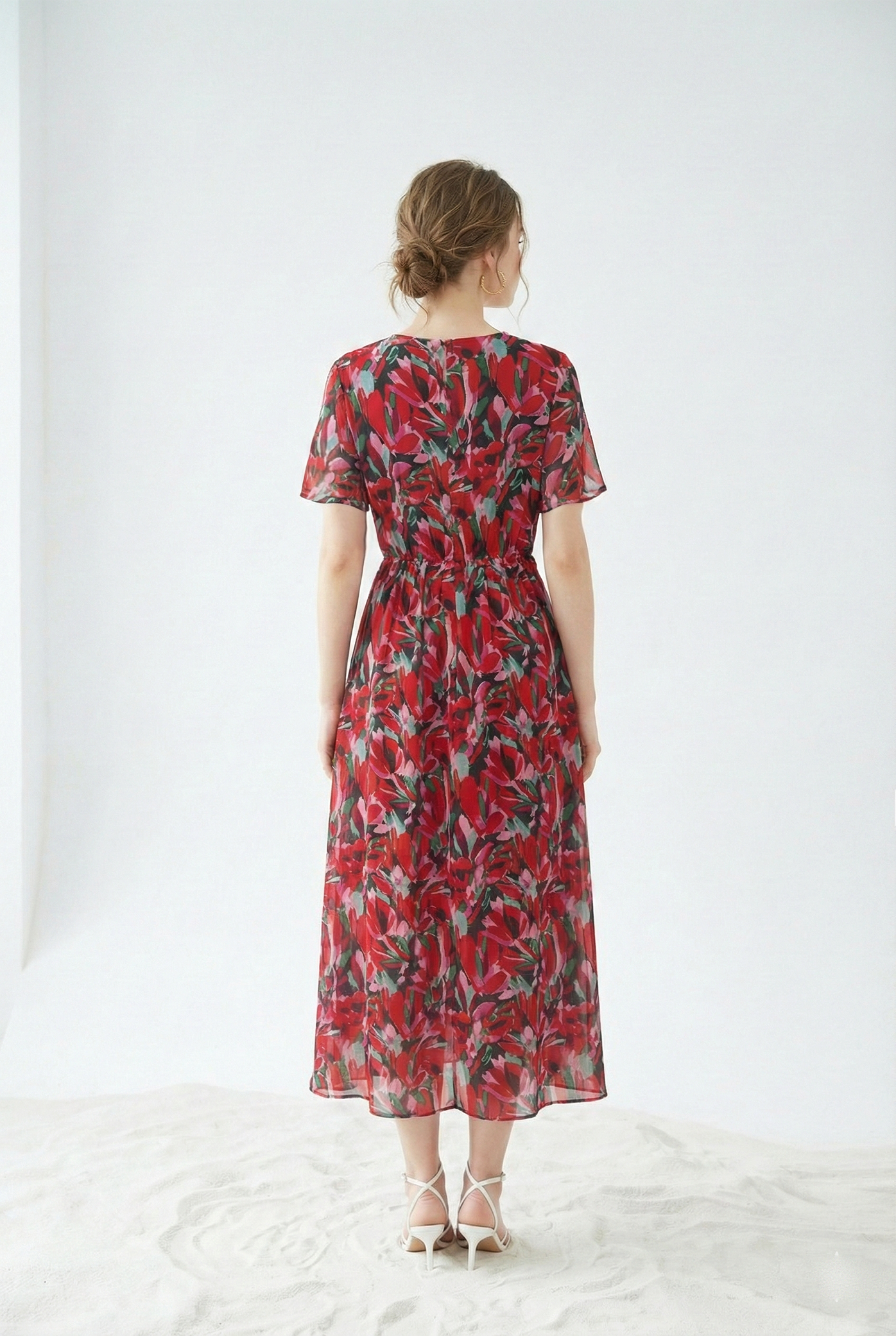 Đầm maxi vải voan chiffon đỏ in họa tiết cách điệu dáng ôm chân rủ cổ tròn tay ngắn thiết kế MAZANO_thumbnail_6