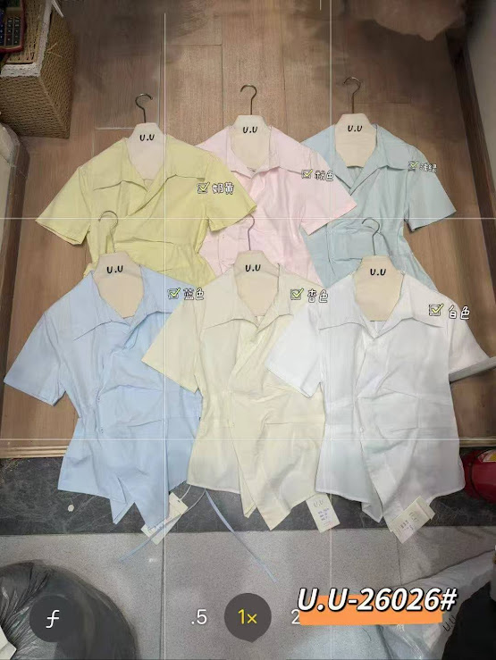 Áo sơ mi cộc tay vải lụa mềm cổ bẻ cài cúc lệch UU-26026