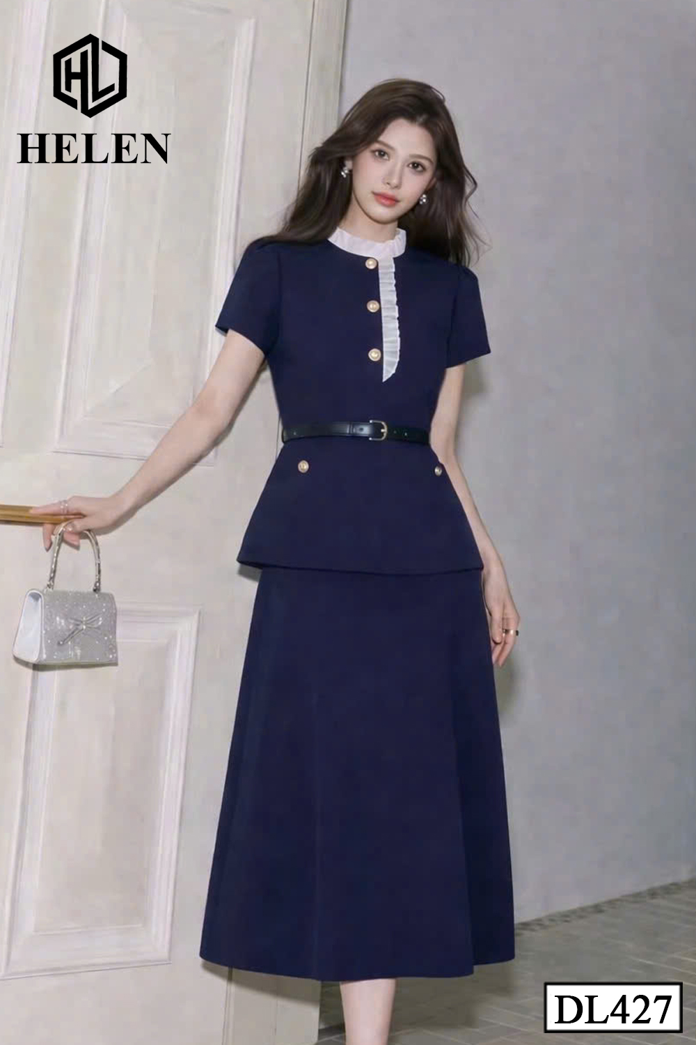 Đầm liền giả set xanh than cổ nhún trắng tay cộc DL427