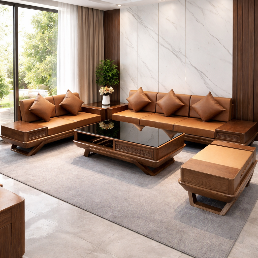 Sofa 2 văng chân thuyền màu đỏ sáng, đệm màu vàng bò