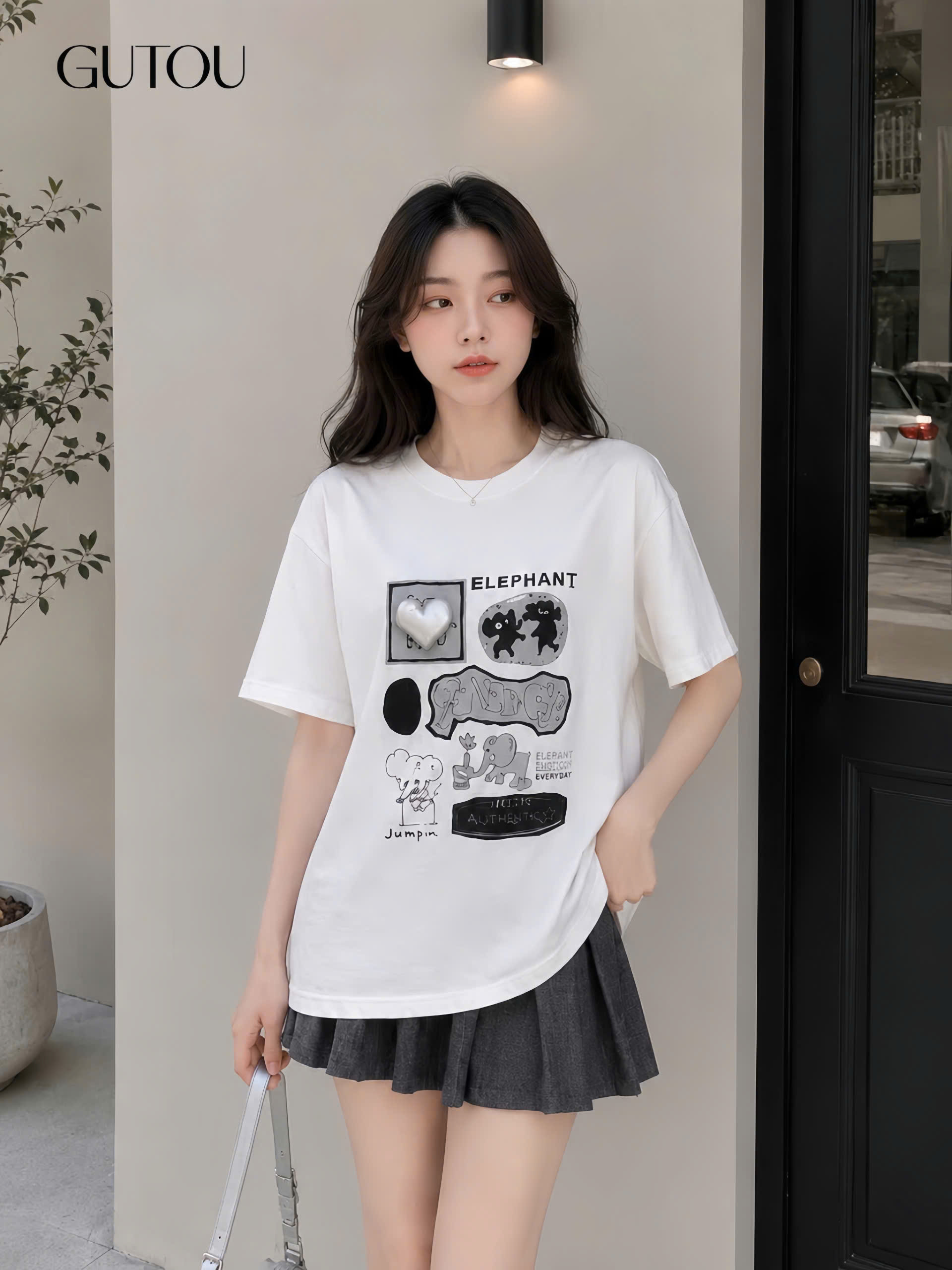 [ GUTOU ] Áo Thun Form Rộng In Graphic Elephant Trái Tim_thumbnail_3