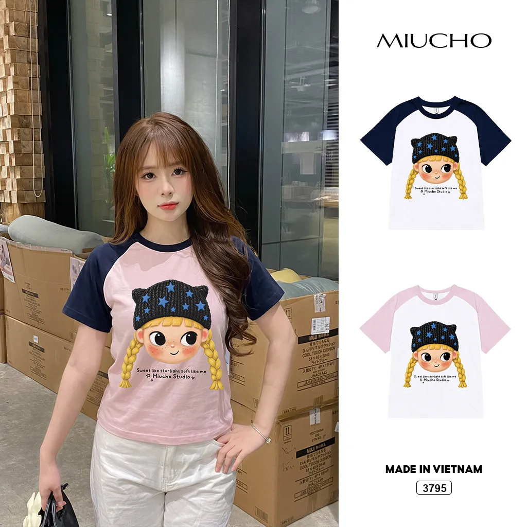 Áo babytee nữ phối raglan Sweet Star Cartoon phong cách trẻ trung Miucho 3795