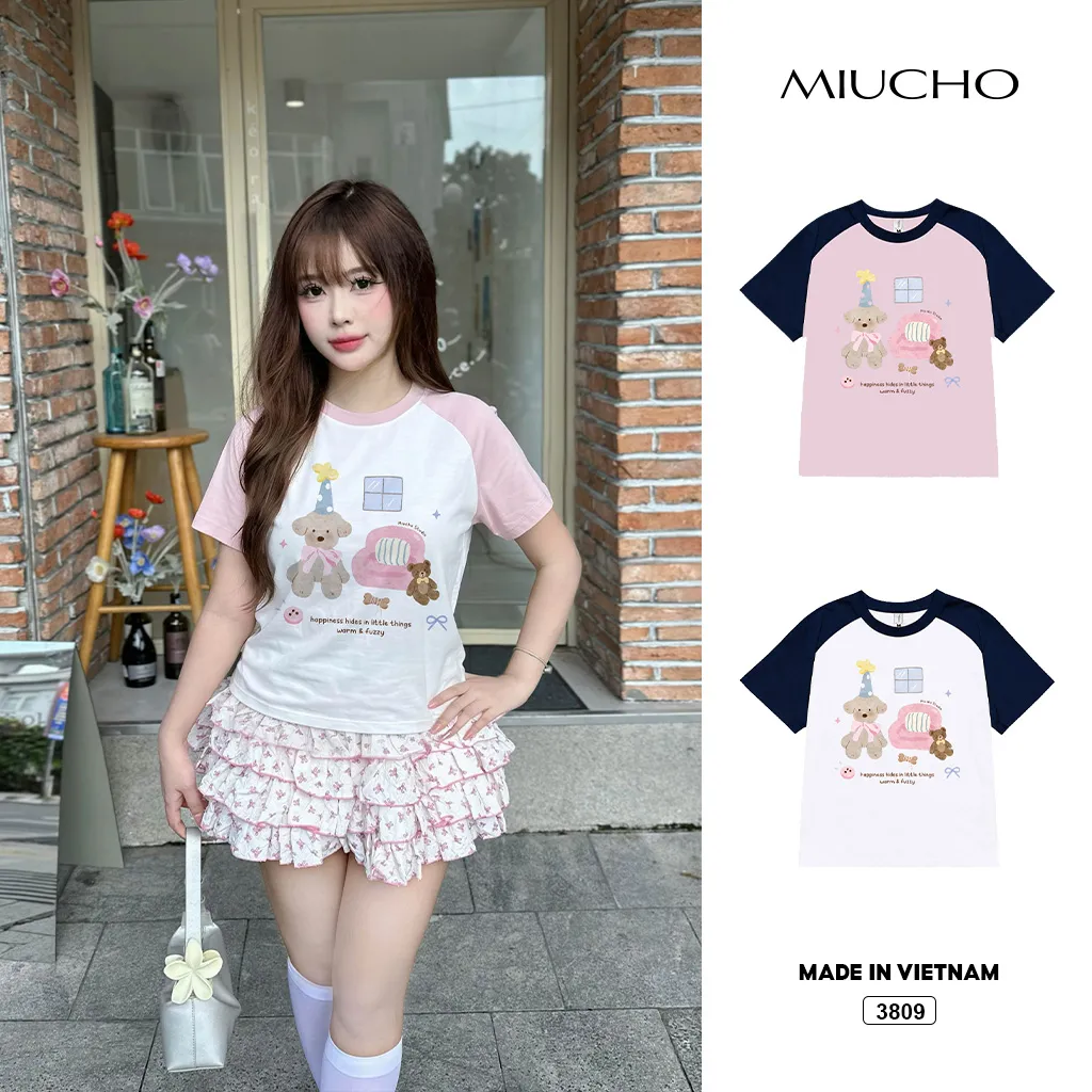 Áo thun babytee raglan gấu teddy dễ thương phong cách Hàn Quốc Miucho 3809