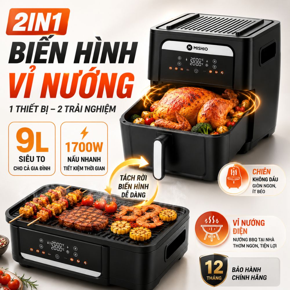 Nồi Chiên Không Dầu Kèm Vỉ Nướng 2-in-1 Mishio MK407: Nâng Tầm Món Ngon, Tiện Lợi Vượt Trội