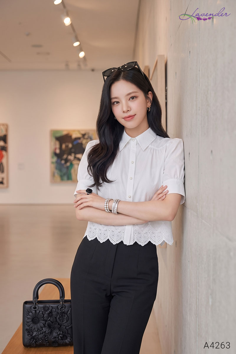 Sơ mi thô trắng phối ren gấu A4263