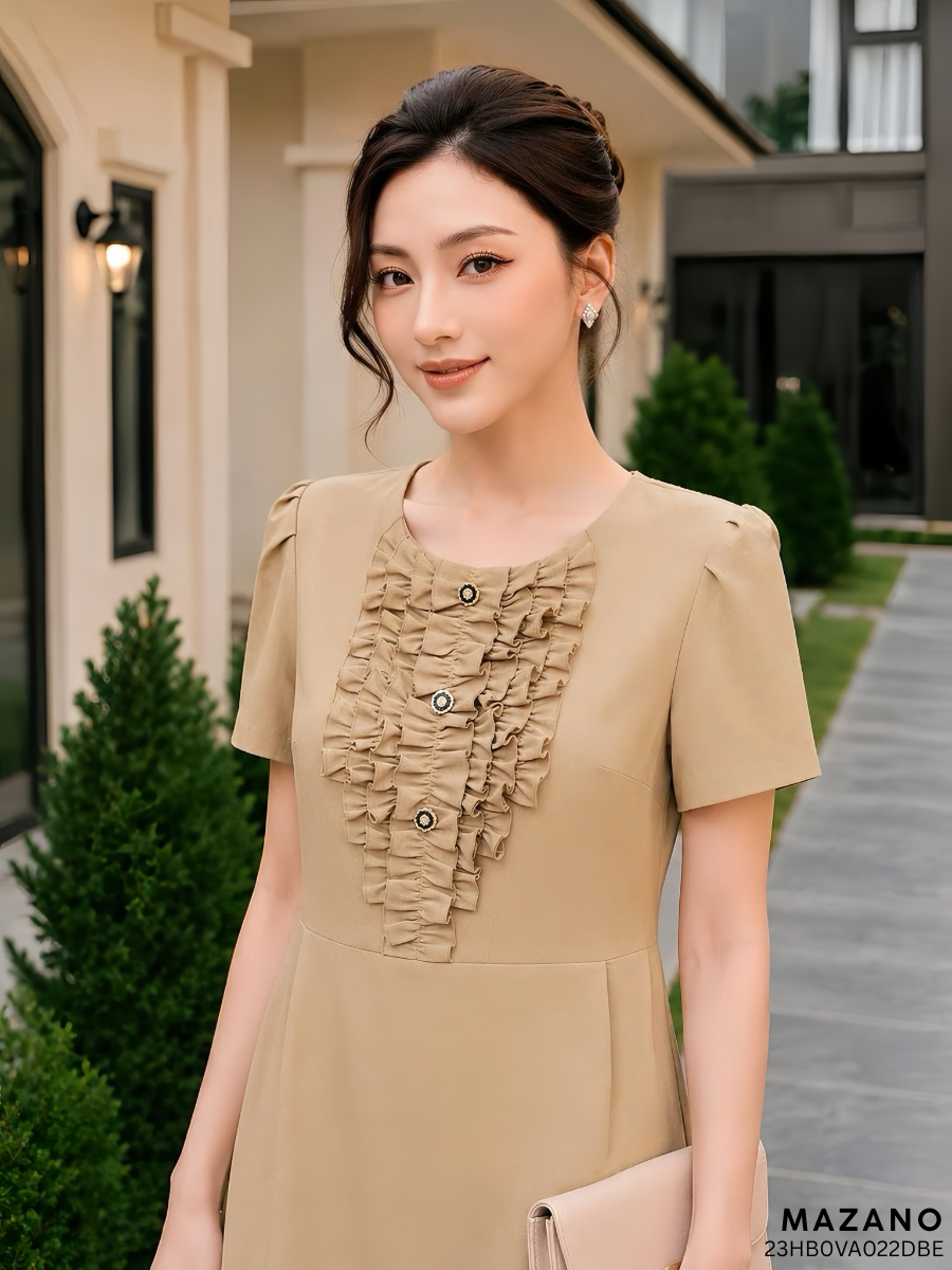 Váy Đầm Suông Vải thô mỏng Cổ tròn trang trí bèo cổ Tay ngắn Dài qua gối 23HB0VA022DBE