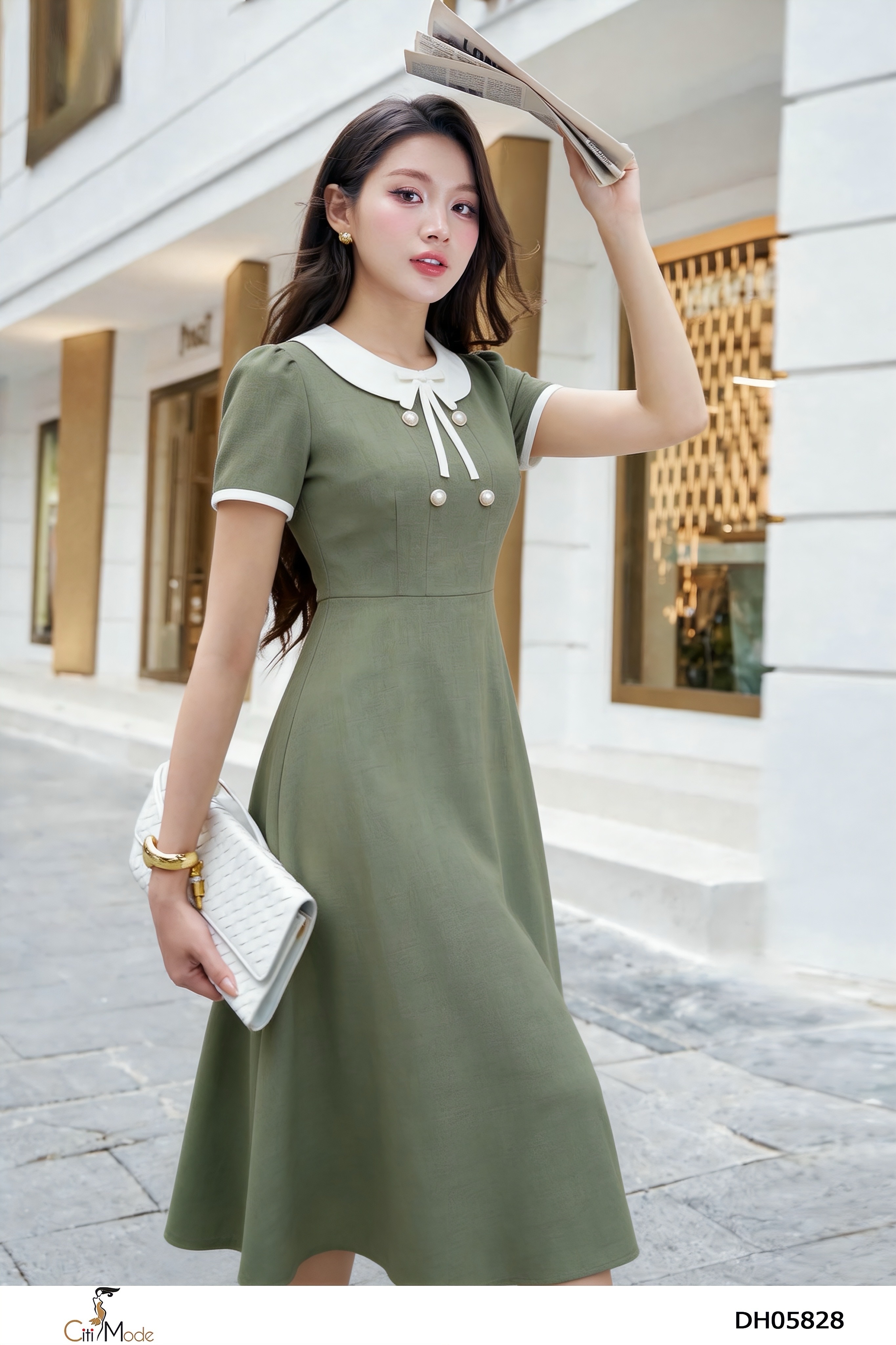 Đầm xòe rêu cổ sen trắng nơ tay cọc_thumbnail_2