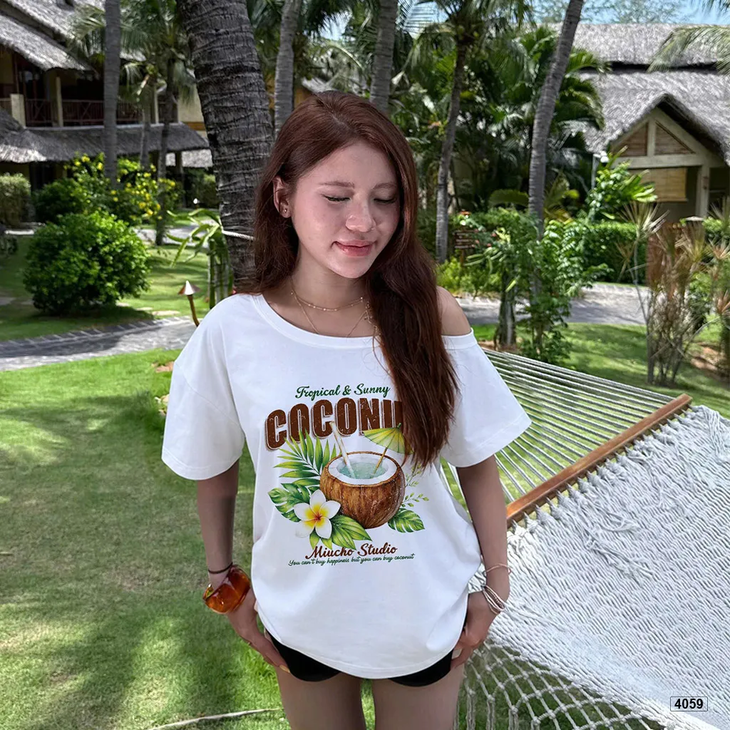 Áo thun lệch vai nữ form rộng Tropical vibe Miucho 4059_thumbnail_6