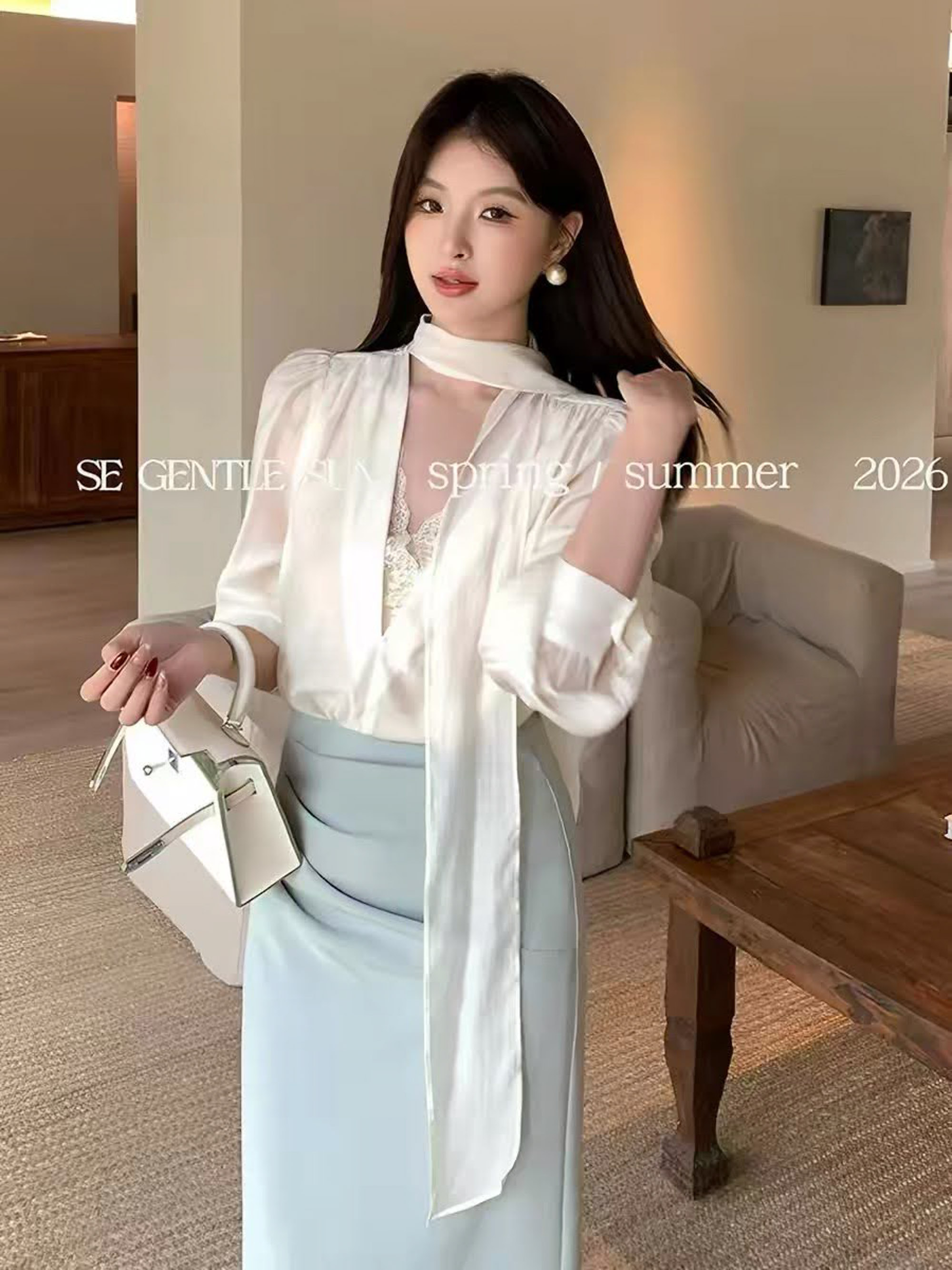 Áo sơ mi voan cổ tim khoét sâu phối ren ngực SE GENTLE SUN + dây vải_thumbnail_3