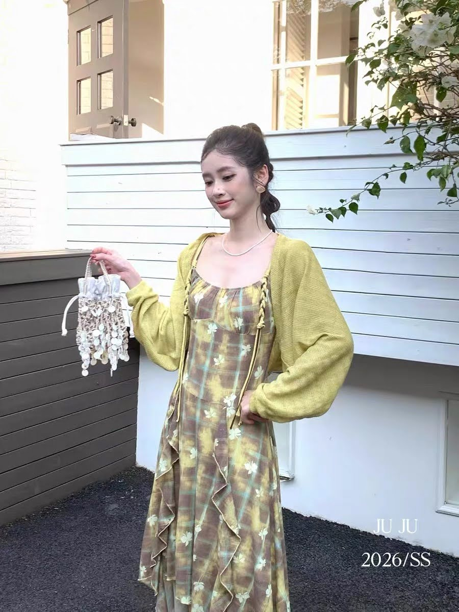 Lucas - Set váy 2 dây màu loang hoa, dây tết + áo cardigan mỏng_thumbnail_1
